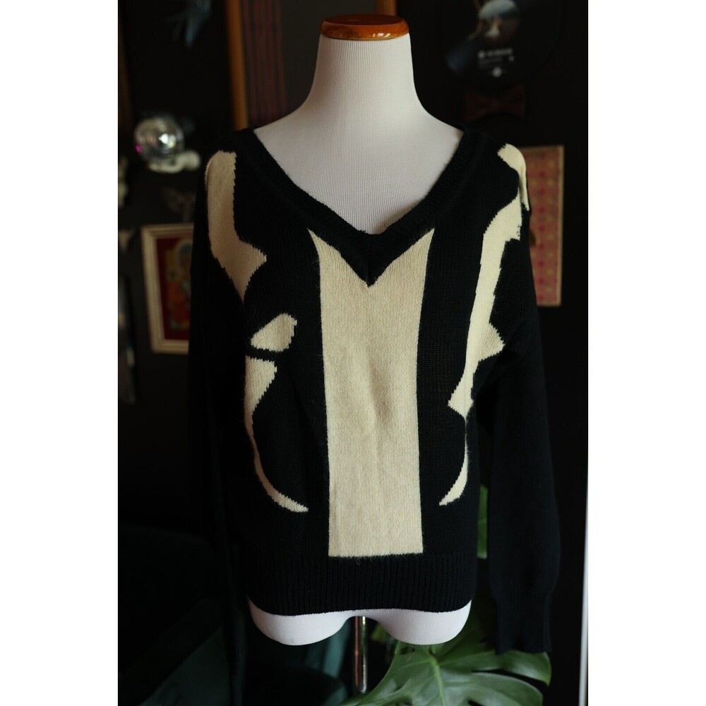Vintage Three Feet Off Black Asymmetric Mock Neck Knit Wool Sweater size M